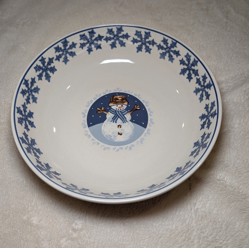 Cameo Blue and White Snowman Ceramic Bowl 9" Blue Snowflake Christmas